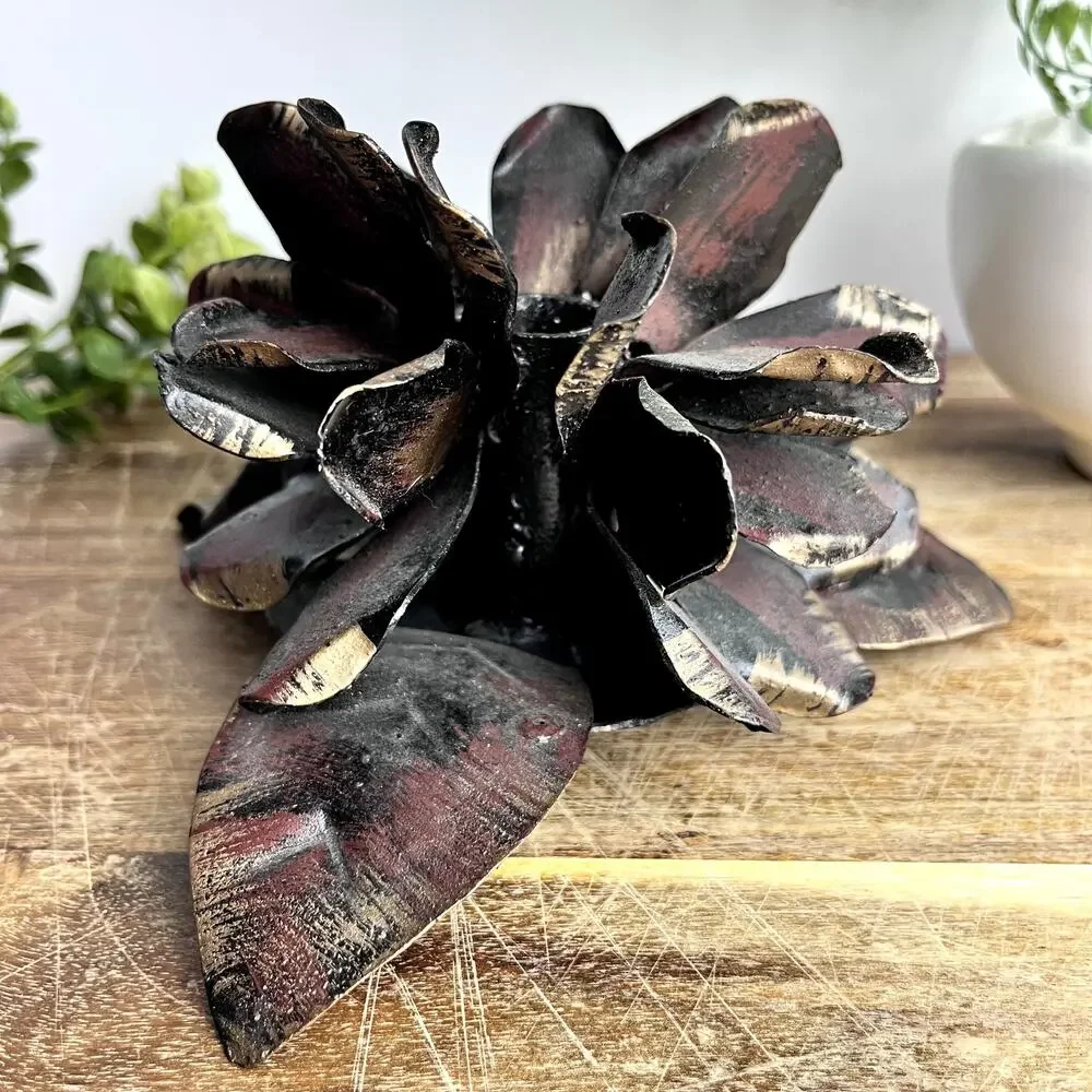 Rustic Metal Blooming Flower Pinecone Candle Holder Sculpture Handmade Weathered